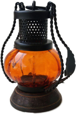 Craftatoz Orange Wood, Iron, Glass Table Lantern(17 cm X 10 cm, Pack of 1)