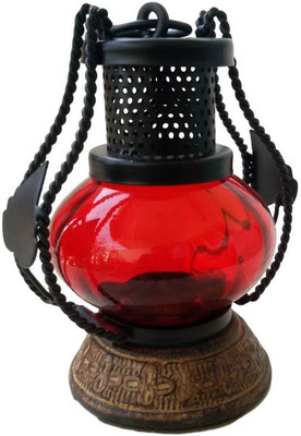 Craftatoz Red Wood, Iron, Glass Table Lantern(19 cm X 13 cm, Pack of 1)