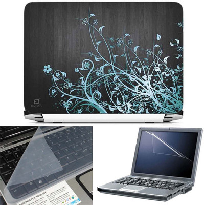 FineArts Abastract Floral Black Wooden Back 3 in 1 Laptop Skin Pack With Screen Guard & Key Protector Combo Set(Multicolor)