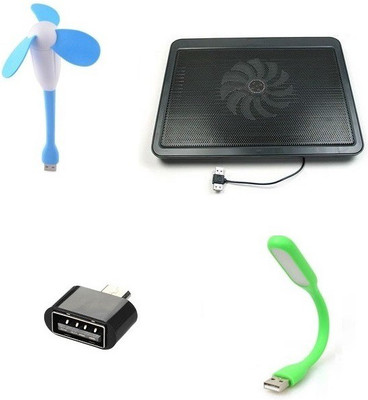 TechInn 4 In 1 USB Powered Metal Body Cooling Pad, Flexible Fan Led Light Lamp and Micro OTG Adapter Converter Combo Set
