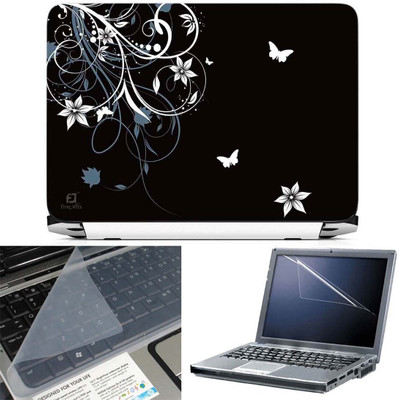 FineArts Abstract Floral Black Back 2 3 in 1 Laptop Skin Pack With Screen Guard & Key Protector Combo Set(Multicolor)