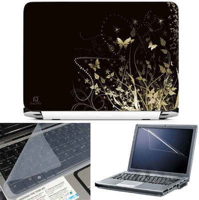 FineArts Butterfly Floral Abstract Black Back 3 in 1 Laptop Skin Pack With Screen Guard & Key Protector Combo Set(Multicolor)