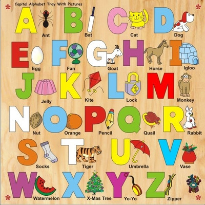 Skillofun Capital ABC Alphabet Shape Tray With Picture (Knobs)(Multicolor)