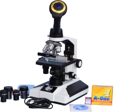 E.S.A.W Monocular Microscope With 3mp Cmos Camera And Wide Field Eye-Pieces And Brass Objectives And 50 Blank Slides+Coverslips(White)