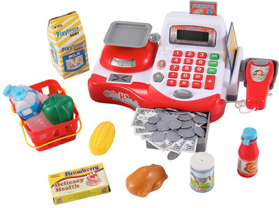 

Jilani Cash Register with Checkout Scanner Credit Card Reader Microphone Play Money(Red)