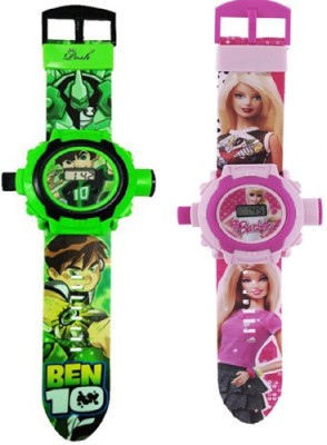 COSMART COMBO BEN 10 AND BARBIE 24 IMAGE PROJECTOR WATCH PACK OF - 2(Green, Pink)