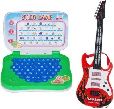 

kts khalsa toys and sales combo of Mini English Learning Laptop & Rockband Music Guitar (SMALL)(Multicolor)