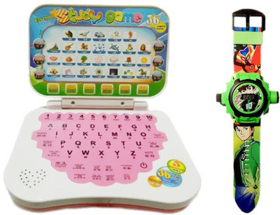 

Turban Toys Mini English Learning Laptop With Green Projector Watch 24images(Multicolor)