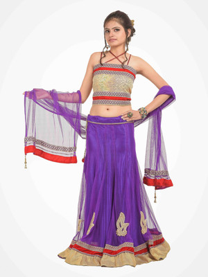 

RoopRahasya Embroidered, Applique Lehenga, Choli and Dupatta Set(Gold, Purple, Gold and red embroided choli;purple net lehenga;purple satin lining