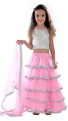 

K&U Girls Lehenga Choli Ethnic Wear Self Design Lehenga Choli(Multicolor, Pack of 1), Pink & white