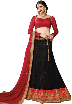 DESI Butik Embroidered Semi Stitched Lehenga Choli(Black)