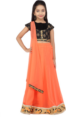 

K&U Girls Lehenga Choli Ethnic Wear Self Design Lehenga, Choli and Dupatta Set(Multicolor, Pack of 1), Black & peach