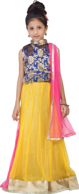 

Kay Girls Lehenga Choli Ethnic Wear Self Design Lehenga, Choli and Dupatta Set(Multicolor, Pack of 1), Blue & gold & yellow