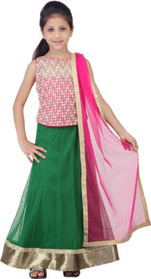

Kay Girls Lehenga Choli Ethnic Wear Self Design Lehenga, Choli and Dupatta Set(Multicolor, Pack of 1), Greeen & pink & offwhite