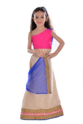 

K&U Girls Lehenga Choli Ethnic Wear Self Design Lehenga Choli(Multicolor, Pack of 1), Beige & pink & blue