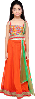 

K&U Girls Lehenga Choli Ethnic Wear Self Design Lehenga, Choli and Dupatta Set(Multicolor, Pack of 1), Orange & green