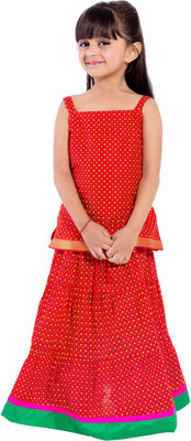 Magnus Girls Lehenga Choli Ethnic Wear Polka Print Lehenga Choli(Multicolor, Pack of 1, Red & green & pink & yellow