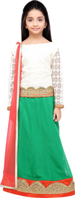 

K&U Girls Lehenga Choli Ethnic Wear Self Design Lehenga, Choli and Dupatta Set(Multicolor, Pack of 1), White & green & red