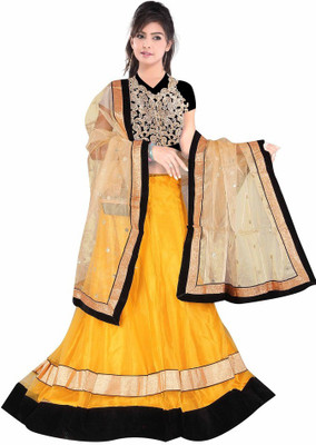 

Dancing Girl Embroidered Lehenga, Choli and Dupatta Set(Yellow