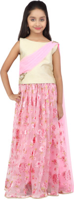 

K&U Girls Lehenga Choli Ethnic Wear Self Design Lehenga, Choli and Dupatta Set(Multicolor, Pack of 1), Offwhite & pink