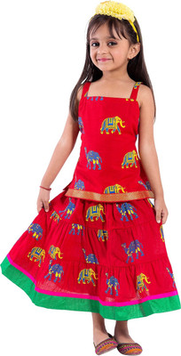 

Magnus Girls Lehenga Choli Ethnic Wear Animal Print Ghagra Choli(Multicolor, Pack of 1, Red & green & pink & yellow