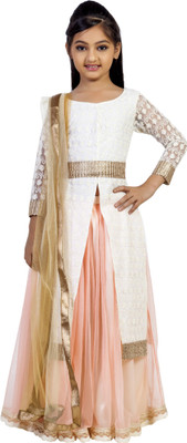 

K&U Girls Lehenga Choli Ethnic Wear Self Design Lehenga, Choli and Dupatta Set(Multicolor, Pack of 1), White & peach & gold