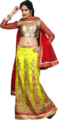 

Go4Fashion Embroidered Lehenga, Choli and Dupatta Set(Green, Red)