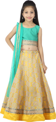 

Kay Girls Lehenga Choli Ethnic Wear Self Design Lehenga, Choli and Dupatta Set(Multicolor, Pack of 1), Rama green;yellow