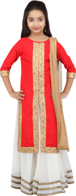 

K&U Girls Lehenga Choli Ethnic Wear Self Design Lehenga, Choli and Dupatta Set(Multicolor, Pack of 1), Red & offwhite