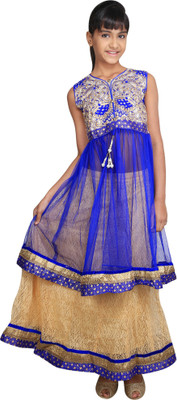 Crazeis Girls Lehenga Choli Ethnic Wear Self Design Lehenga Choli(Blue, Pack of 1)