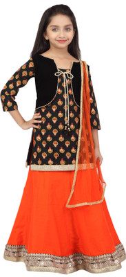 

K&U Girls Lehenga Choli Ethnic Wear Self Design Lehenga, Choli and Dupatta Set(Multicolor, Pack of 1), Black & orange