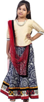 

K&U Girls Lehenga Choli Ethnic Wear Graphic Print Lehenga, Choli and Dupatta Set(Multicolor, Pack of 1), Beige & blue & white