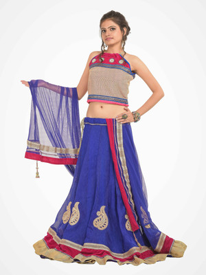 

RoopRahasya Self Design, Solid Lehenga, Choli and Dupatta Set(Gold, Dark Blue, Gold and red choli;purple raw silk lehenga;purple satin lining