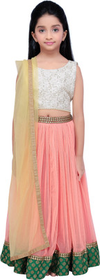 

K&U Girls Lehenga Choli Ethnic Wear Self Design Lehenga, Choli and Dupatta Set(Multicolor, Pack of 1), White & green & orange