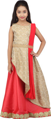 

K&U Girls Lehenga Choli Ethnic Wear Self Design Lehenga, Choli and Dupatta Set(Multicolor, Pack of 1), Gold & red