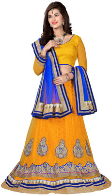 

Aasvaa Embroidered Lehenga, Choli and Dupatta Set(Yellow, Blue), Blue;yellow