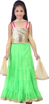 

Kay Girls Lehenga Choli Ethnic Wear Self Design Lehenga, Choli and Dupatta Set(Multicolor, Pack of 1), Green & gold