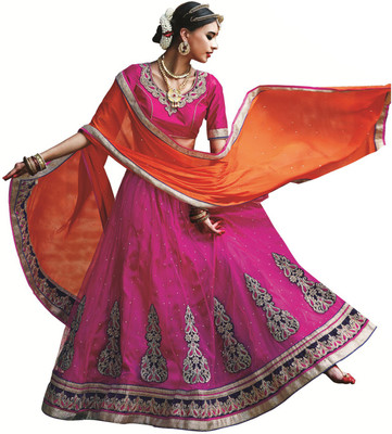 Ishin Embellished Lehenga, Choli and Dupatta Set(Pink, Pink & orange
