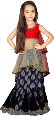 

K&U Girls Lehenga Choli Ethnic Wear Self Design Lehenga, Choli and Dupatta Set(Multicolor, Pack of 1), Red & blue & gold