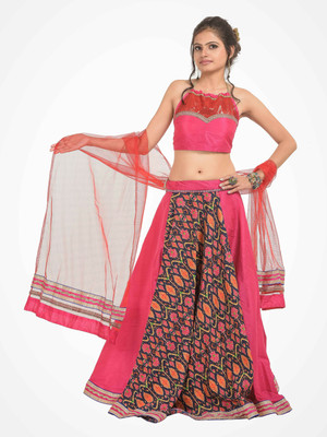 RoopRahasya Solid, Floral Print Lehenga, Choli and Dupatta Set(Pink, Red