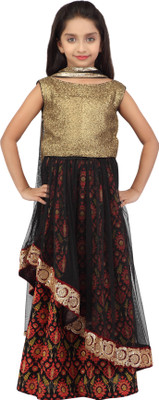 

K&U Girls Lehenga Choli Ethnic Wear Self Design Lehenga, Choli and Dupatta Set(Multicolor, Pack of 1), Gold & black & maroon