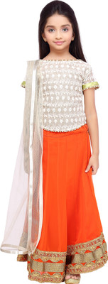 

K&U Girls Lehenga Choli Ethnic Wear Self Design Lehenga, Choli and Dupatta Set(Multicolor, Pack of 1), Orange & white & gold