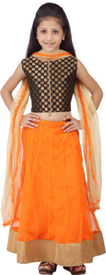 

Kay Girls Lehenga Choli Ethnic Wear Self Design Lehenga, Choli and Dupatta Set(Multicolor, Pack of 1), Orange & black & gold