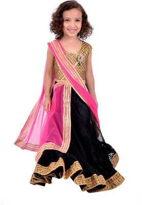 

K&U Girls Lehenga Choli Ethnic Wear Self Design Lehenga, Choli and Dupatta Set(Multicolor, Pack of 1), Gold & pink & black