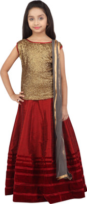 

K&U Girls Lehenga Choli Ethnic Wear Self Design Lehenga, Choli and Dupatta Set(Multicolor, Pack of 1), Gold & maroon