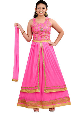 Saarah Girls Lehenga Choli Ethnic Wear Self Design Lehenga, Choli and Dupatta Set(Pink, Pack of 1)