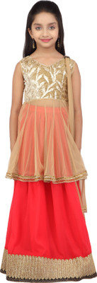 

K&U Girls Lehenga Choli Ethnic Wear Self Design Lehenga, Choli and Dupatta Set(Gold, Pack of 1)