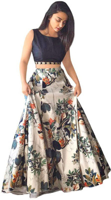 Ambe Fashion Printed Semi Stitched Lehenga Choli(Grey, Blue)