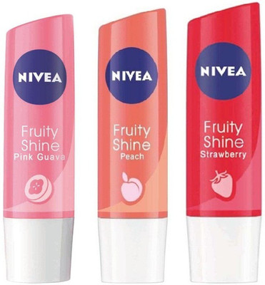 

Nivea Lipcare Fruity Shine (Pack of 3) Pink Guava, Peach, Stawberry(Pack of: 3, 14.4 g)