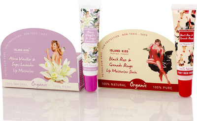 

Island Kiss 100% Natural Organic Lip Moisturiser & Stain with SPF 15 Black Rose & Grenade Rouge, Alma Vanilla & Inges Lavender(Pack of: 2, 28 g)